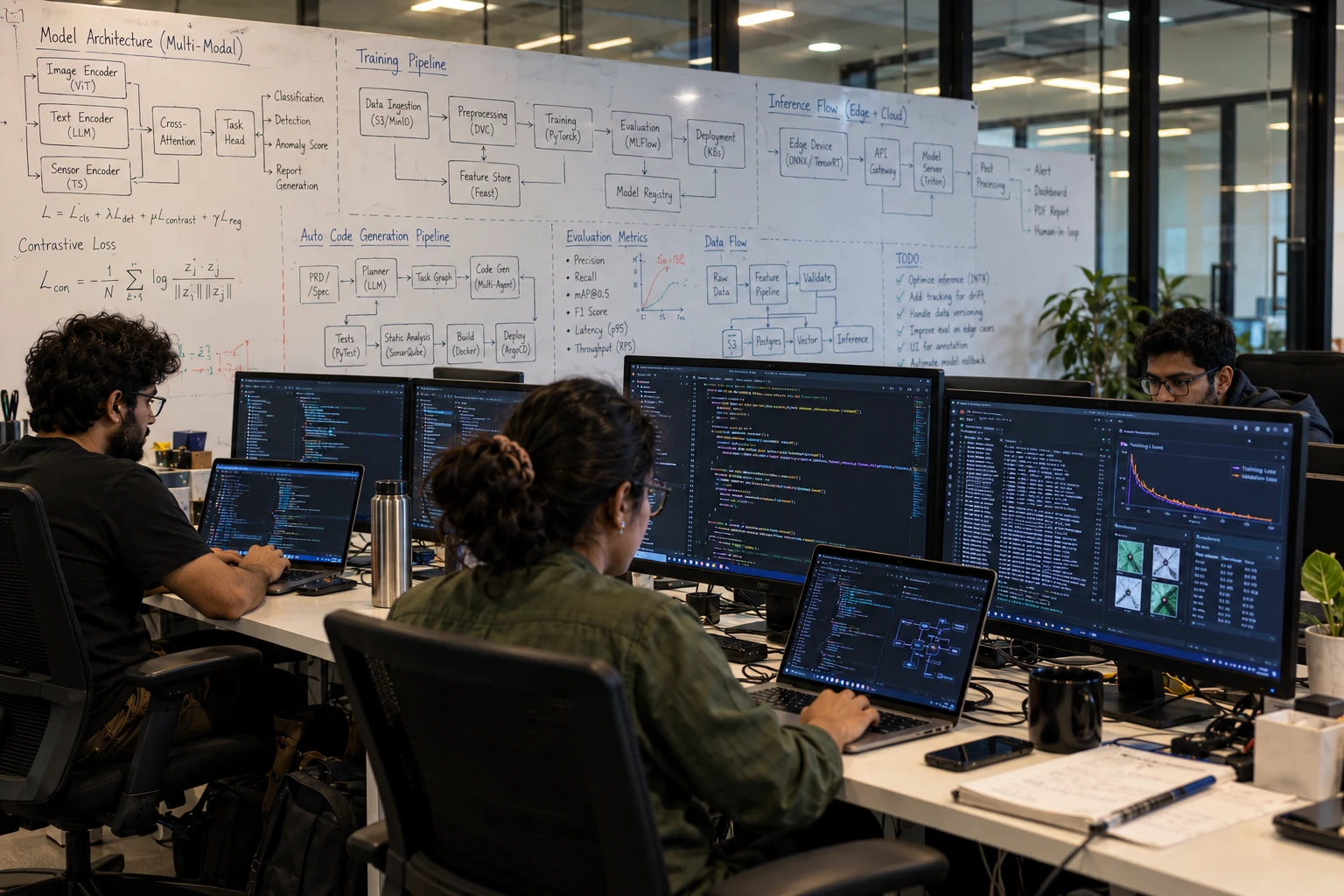 Engineers working against a whiteboard carrying a multi-modal model architecture and training pipeline