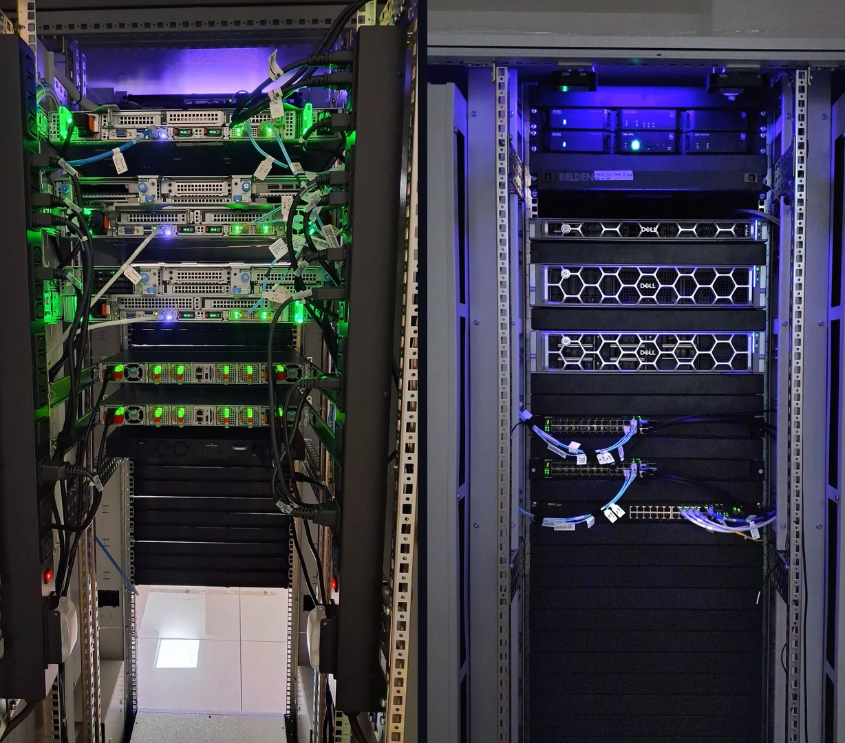 Two racks from the private cloud labs built at VVCE Mysuru, cabled and running