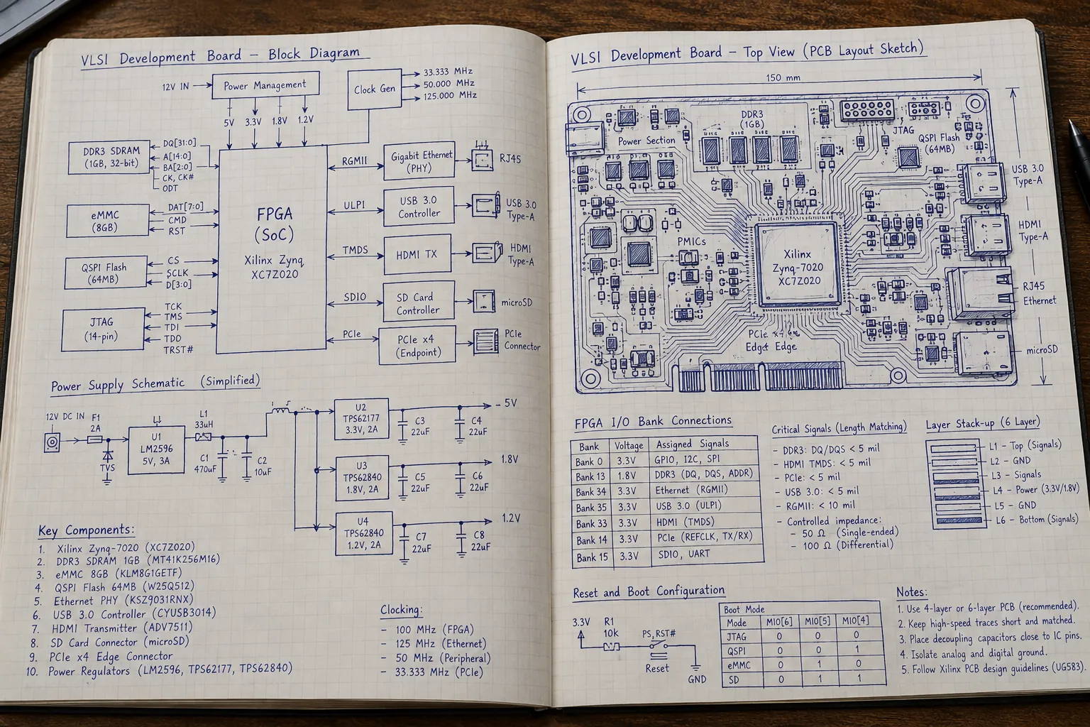 A development board layout worked out by hand in an engineering notebook